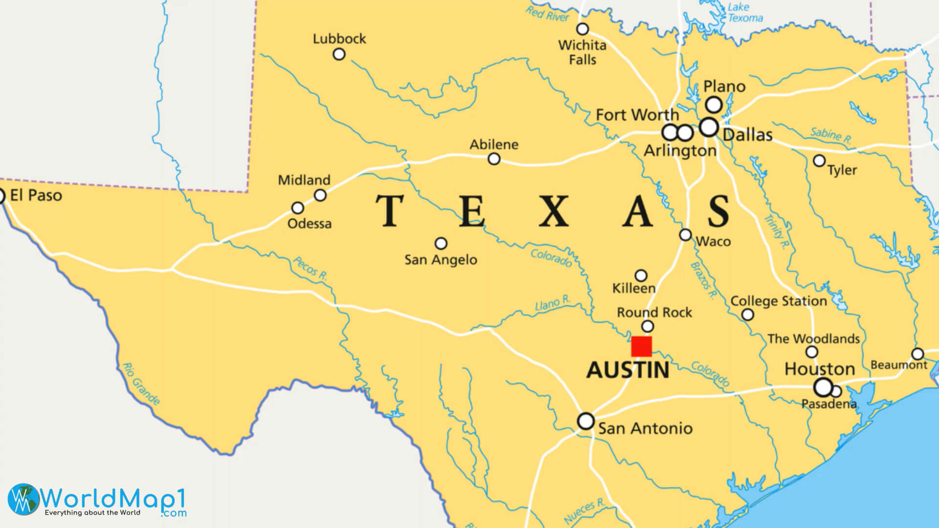 Texas Major Cities and Dams Map